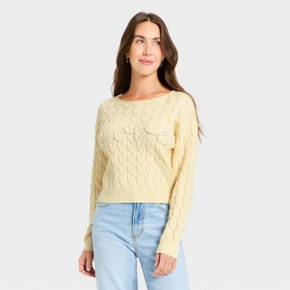Universal Thread - Women's Cozy Wide Crewneck Love Pullover Sweater - Cream